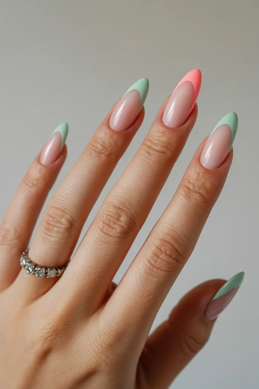 Summer French nails ideas 2026 Mint and Peach French Tips for a Soft Girl Summer