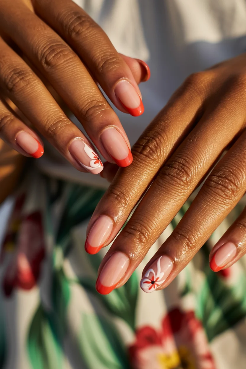 Summer French nails ideas 2026 Coral French Nails With Delicate Floral Art