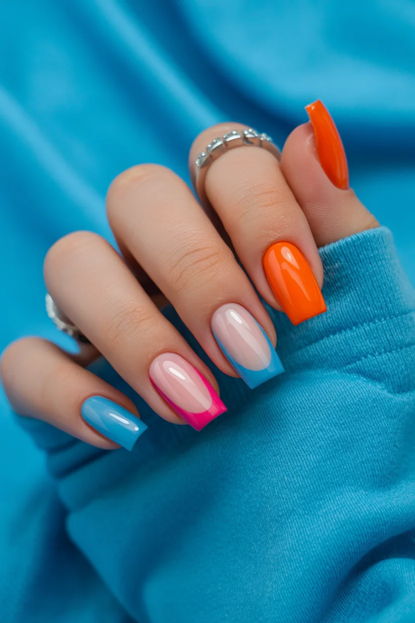 Summer French nails ideas 2026 Bright Color-Block French Nails for Hot Girl Summer Energy