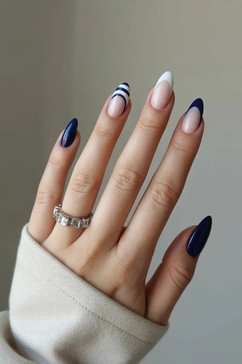 Summer French nails ideas 2026 Deep Navy French Tips That Make Summer Neutrals Feel Chic Again