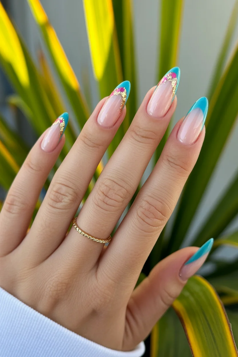 Summer French nails ideas 2026 Turquoise French Tips With Gold Foil Details