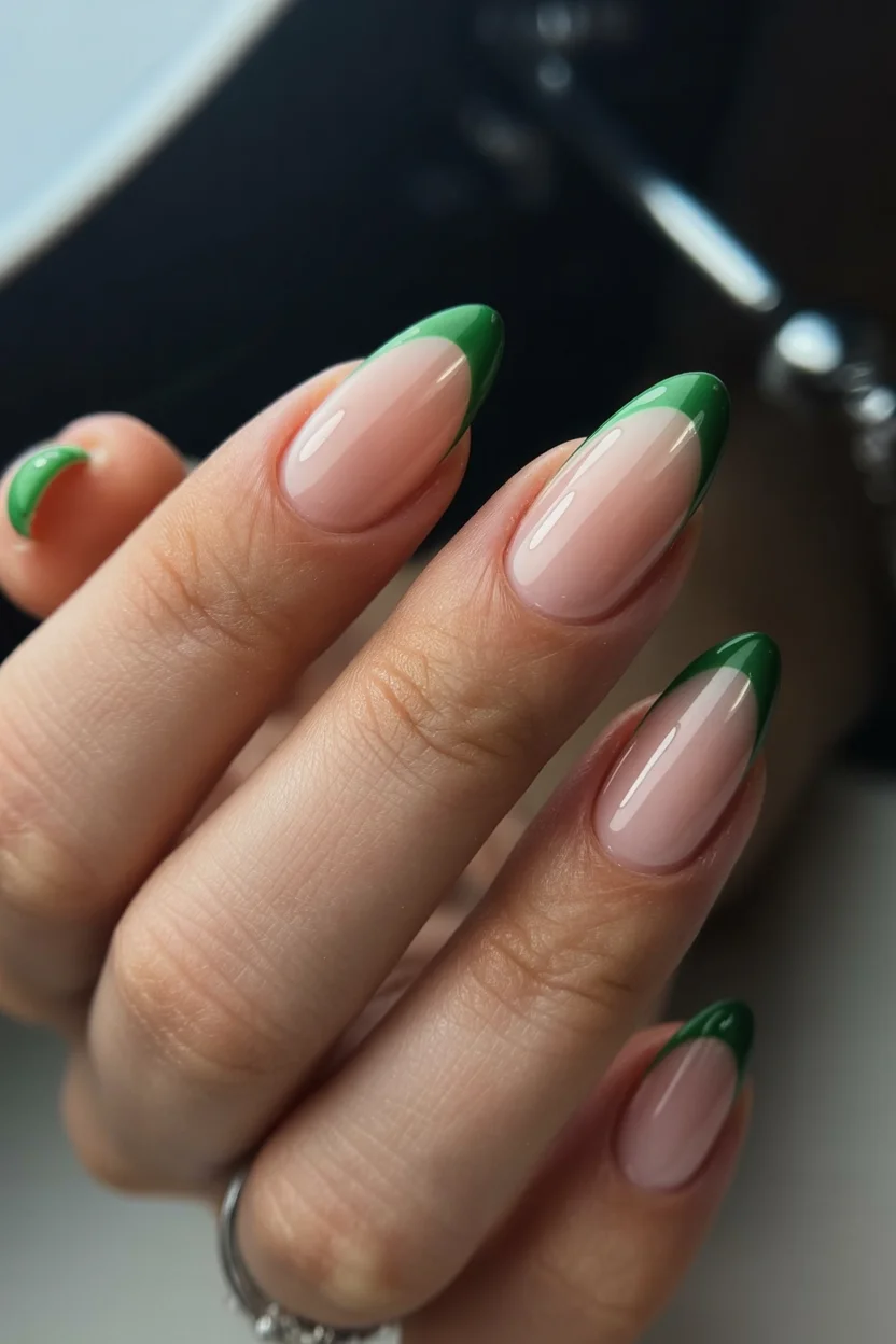Summer French nails ideas 2026 Glossy Emerald French Nails for a Fresh Summer Twist