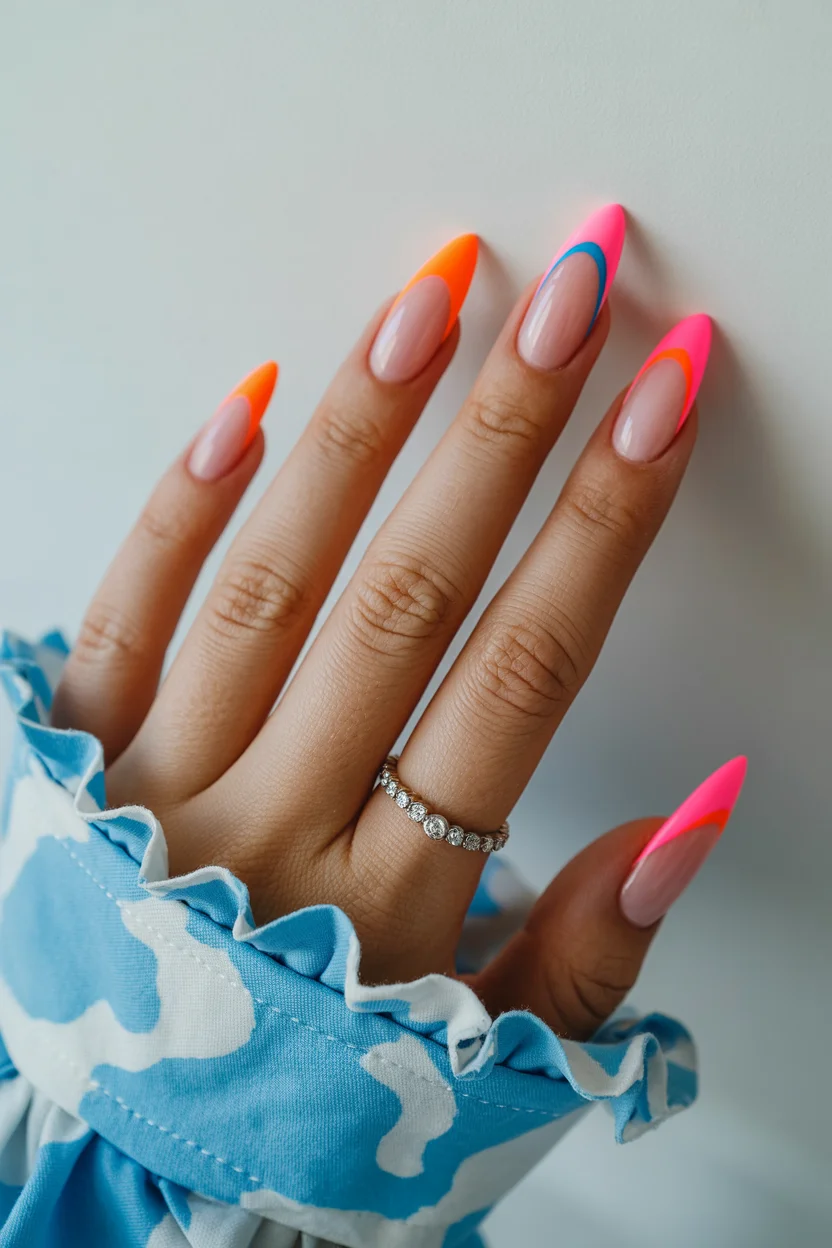 Summer French nails ideas 2026 Neon French Nails With Playful Color Blocking