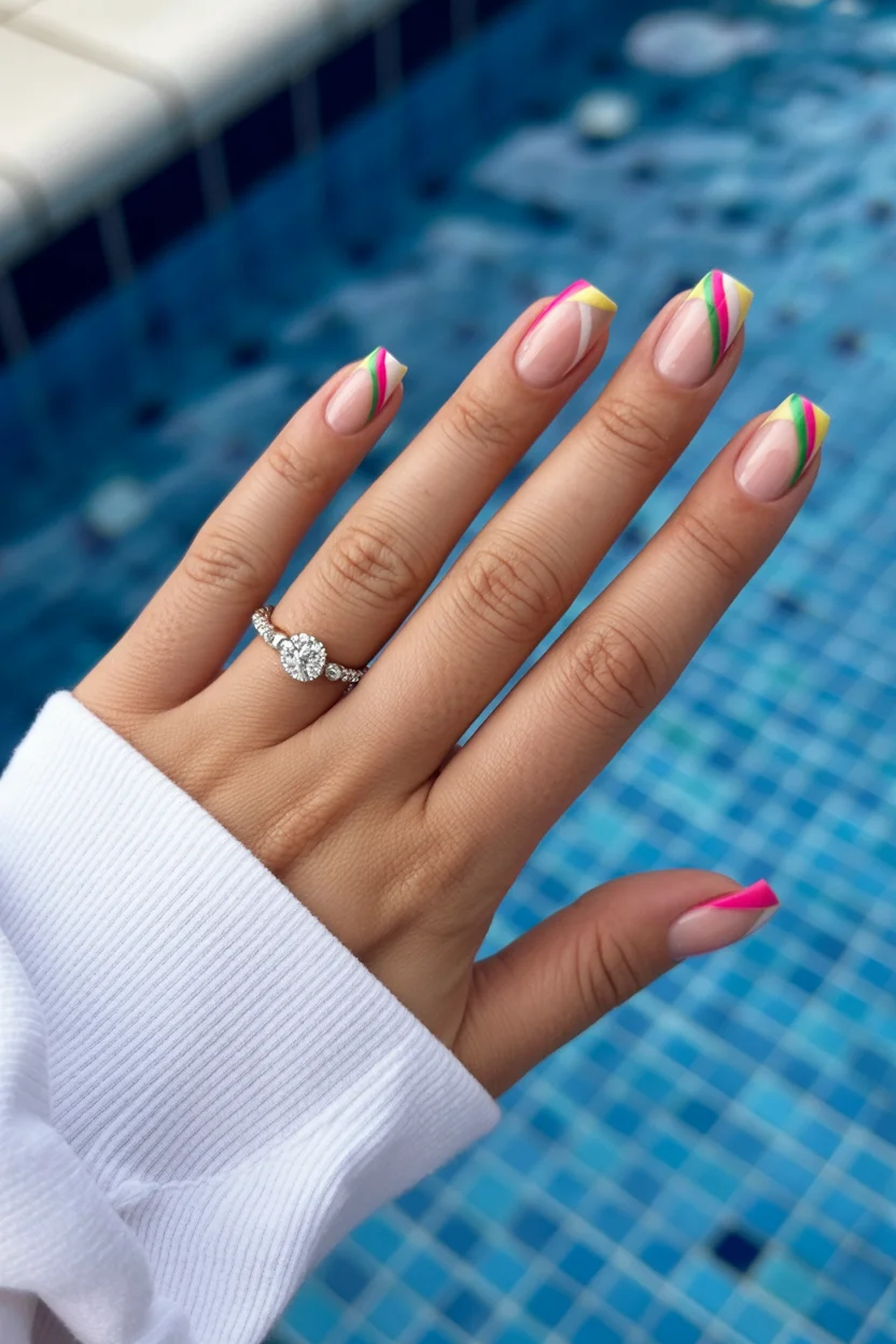 summer french tip nails 2026 Poolside French Tips With Bright Summer Stripes
