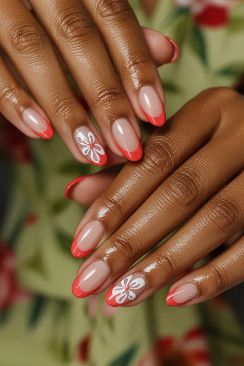 summer french tip nails 2026 Coral French Tips With Retro Floral Accents