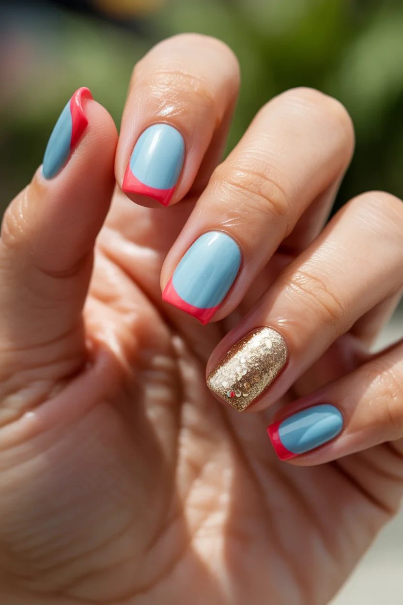 summer french tip nails 2026 Sky Blue and Hot Pink French Tips With a Glam Twist