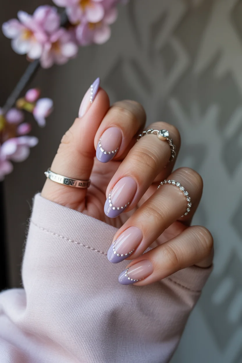summer french tip nails 2026 Lavender French Tips With Tiny Crystal Details