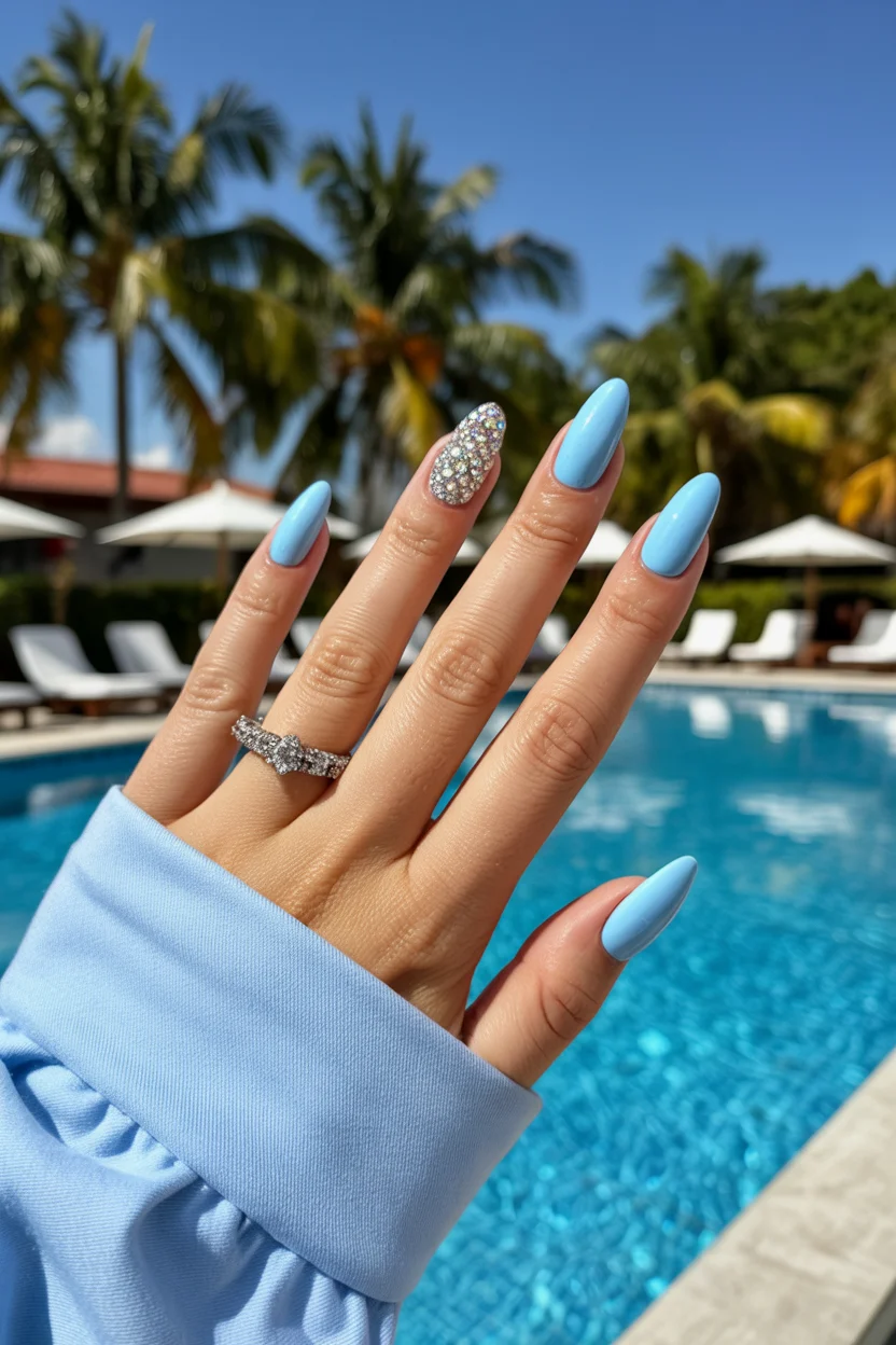 summer gel nails 2026 Poolside Baby Blue With Crystal Accent Energy