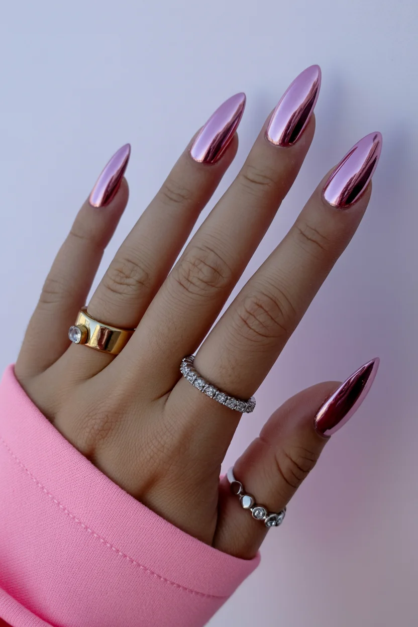 summer gel nails 2026 Rose Chrome Nails That Look Like Liquid Metal In Sunlight