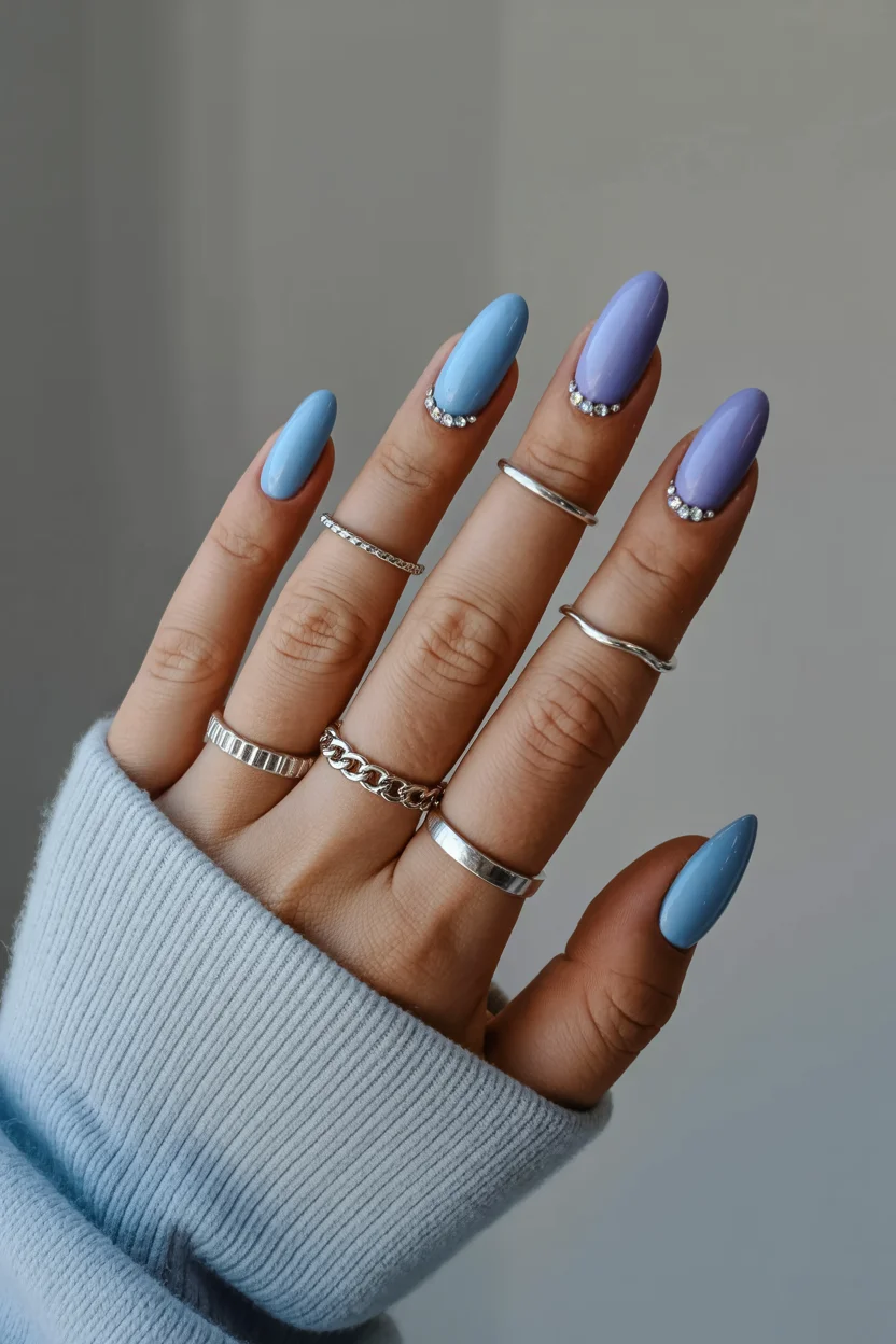 summer gel nails 2026 Pastel Blue And Lilac Nails With Crystal Cuticle Details