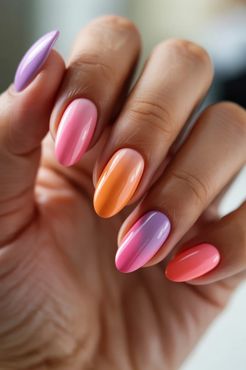 summer gel nails 2026 Rainbow Sorbet Nails With A Soft Glossy Finish