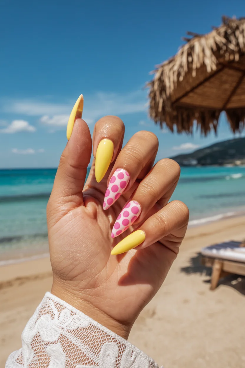summer gel nails 2026 Retro Polka Dots Meet Butter Yellow Summer Nails