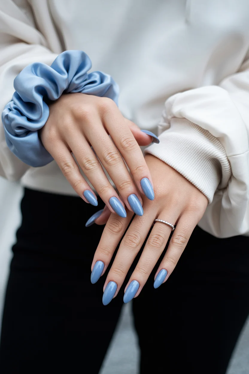 summer gel nails 2026 Powder Blue Almond Nails With Clean Girl Summer Vibes