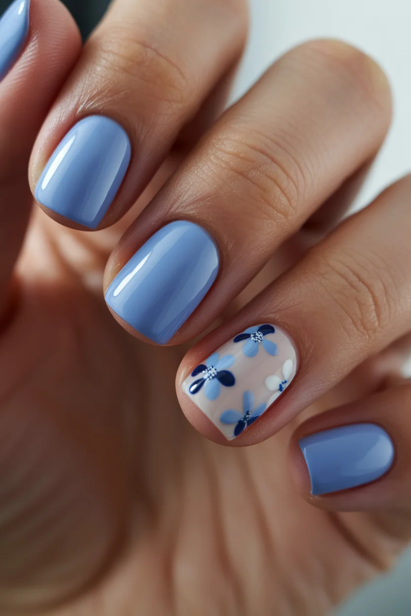 summer gel nails short simple 2026 Powder Blue Florals That Feel Soft and Expensive