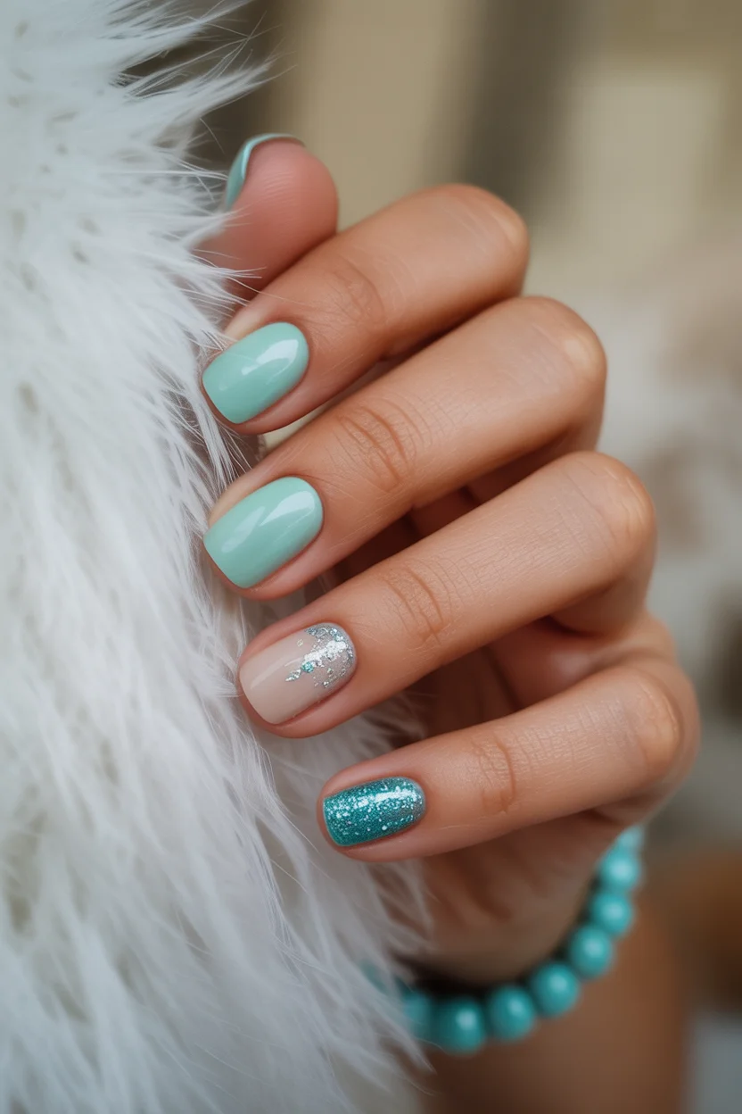 summer gel nails short simple 2026 Seafoam Glitter Nails With a Mermaid Energy