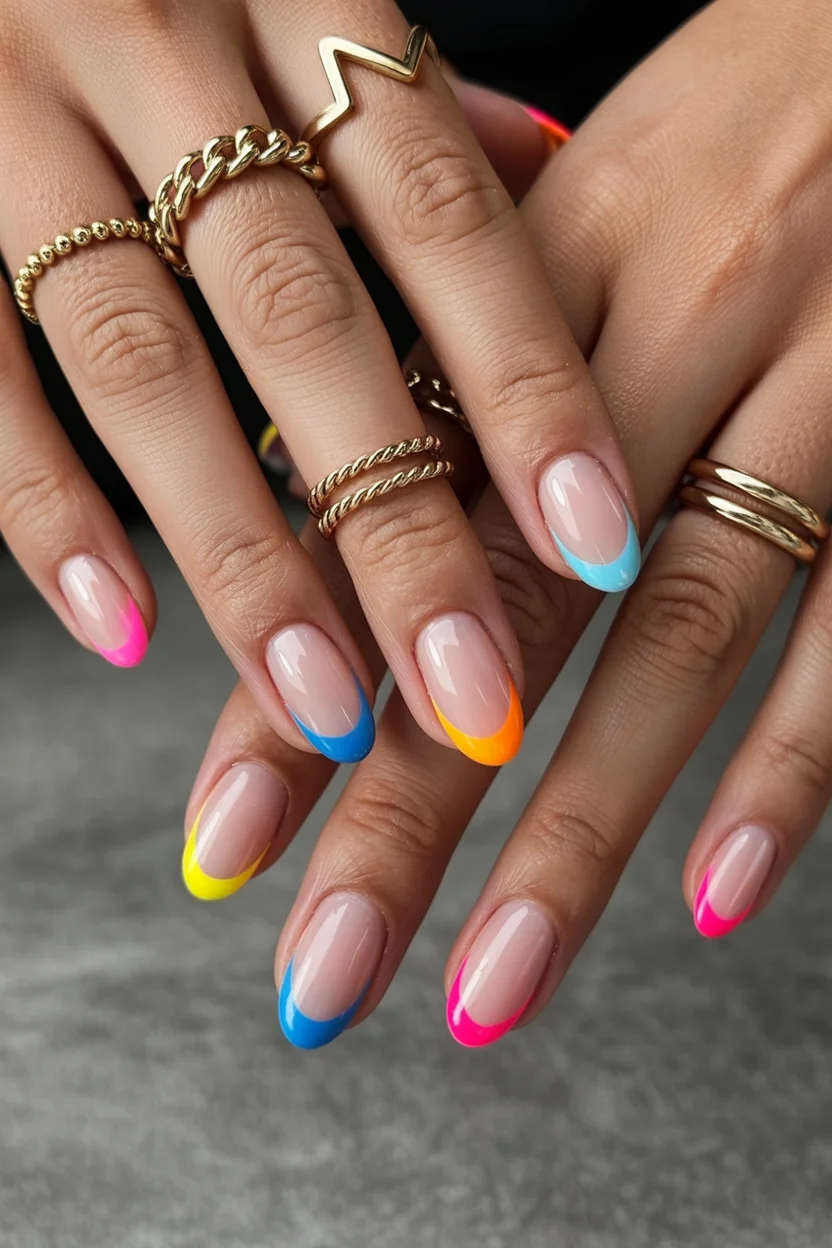 summer gel nails short simple 2026 Rainbow French Tips That Feel Playful Without Looking Overdone