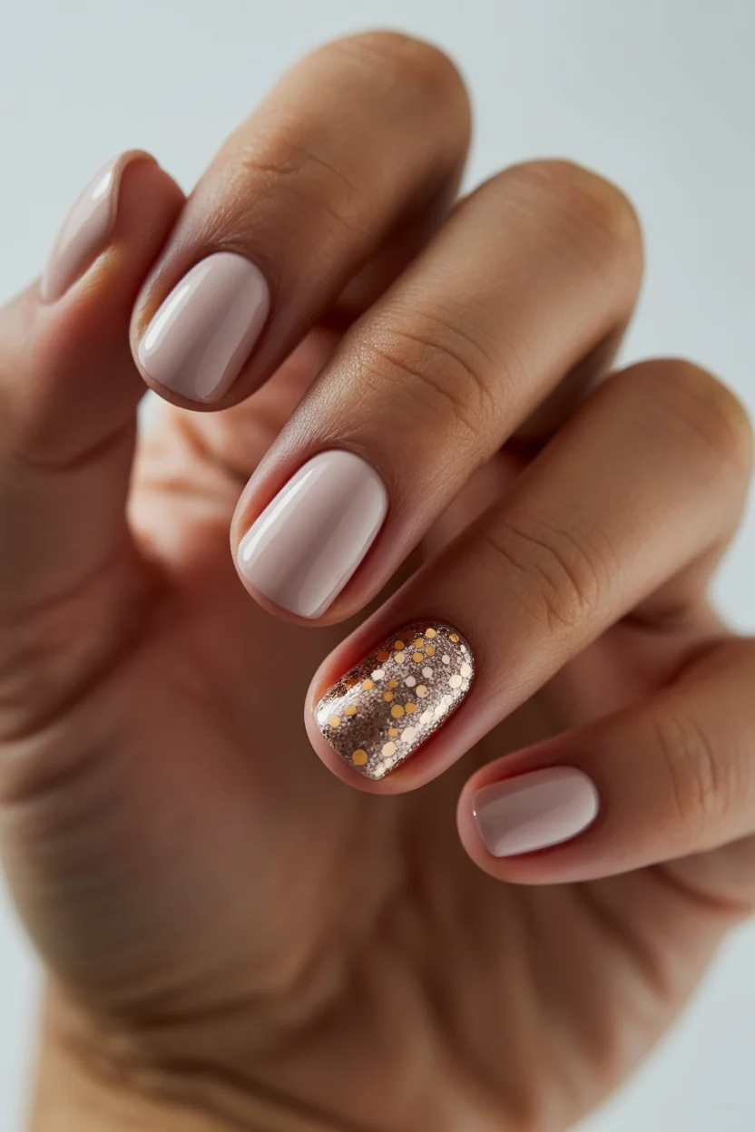summer gel nails short simple 2026 Soft Nude Nails With Gold Glitter Accent Energy
