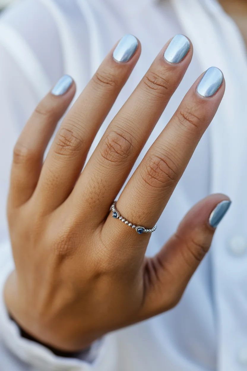 summer gel nails short simple 2026 Chrome Ice Blue Nails for the Cool-Girl Minimalist