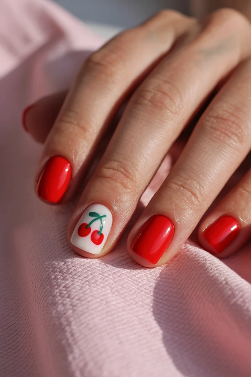 summer gel nails short simple 2026 Cherry Red Nails With Sweet Retro Details