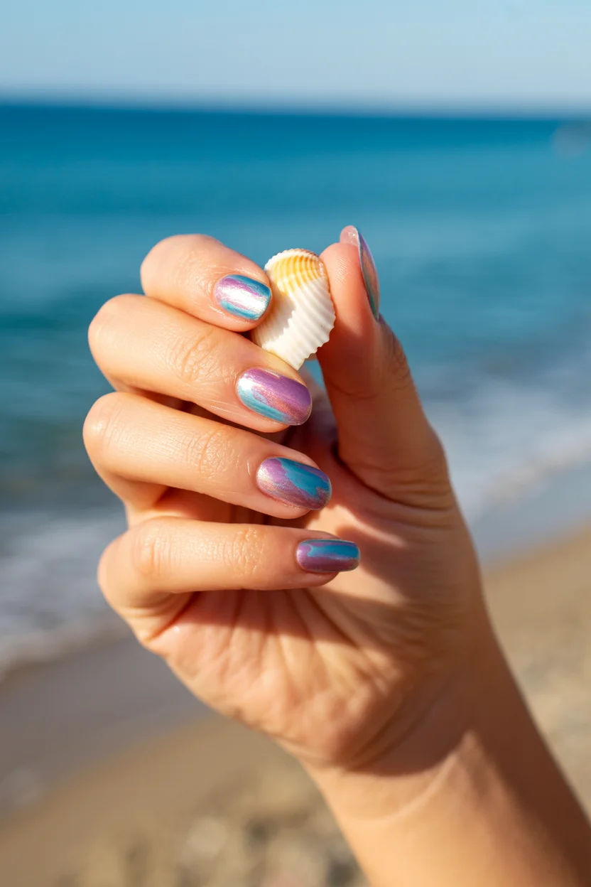 summer gel nails short simple 2026 Ocean Chrome Nails With Mermaid-Inspired Shine