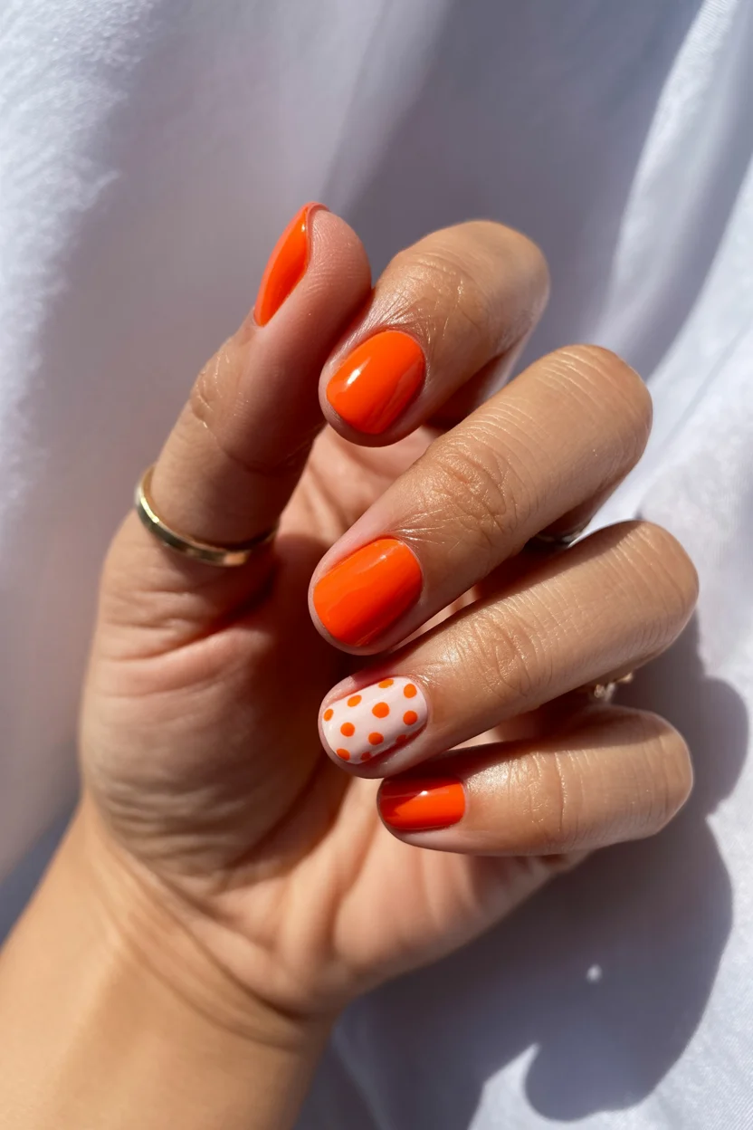summer gel nails short simple 2026 Juicy Tangerine Nails With Retro Polka Dots
