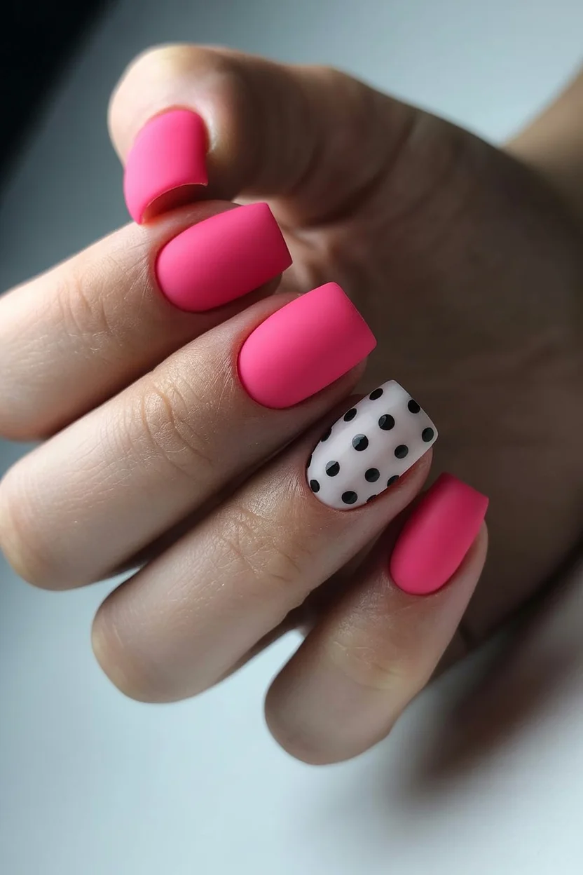 summer gel nails short simple 2026 Hot Pink Matte Nails With Graphic Polka Dots