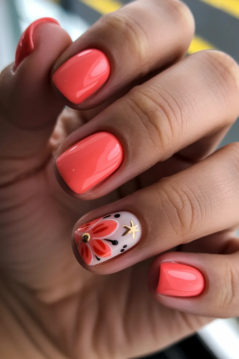 summer gel nails short simple 2026 Coral Floral Nails That Instantly Brighten Your Mood