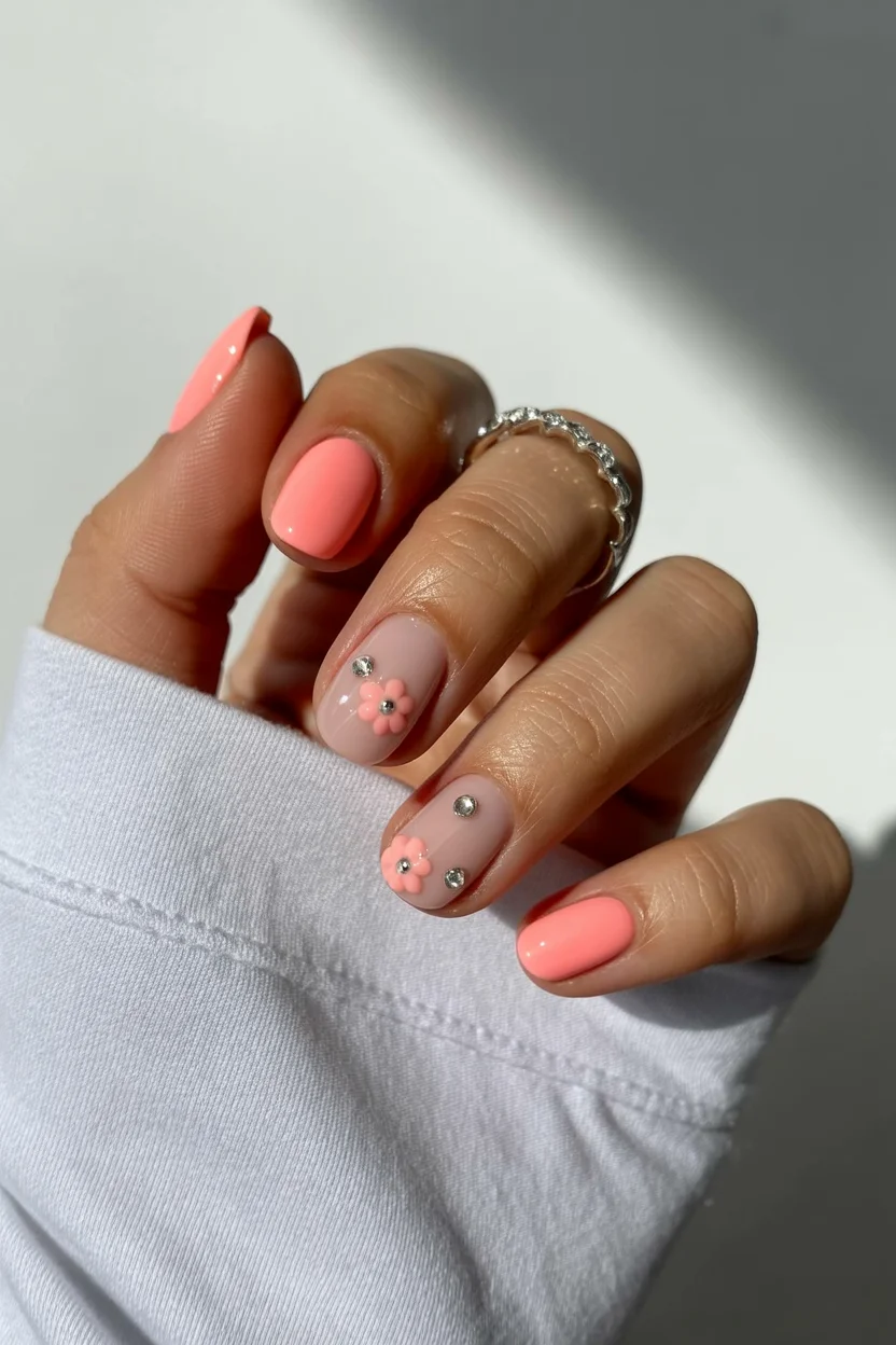 summer gel nails short simple 2026 Soft Pink 3D Flower Nails for the Romantic Minimalist