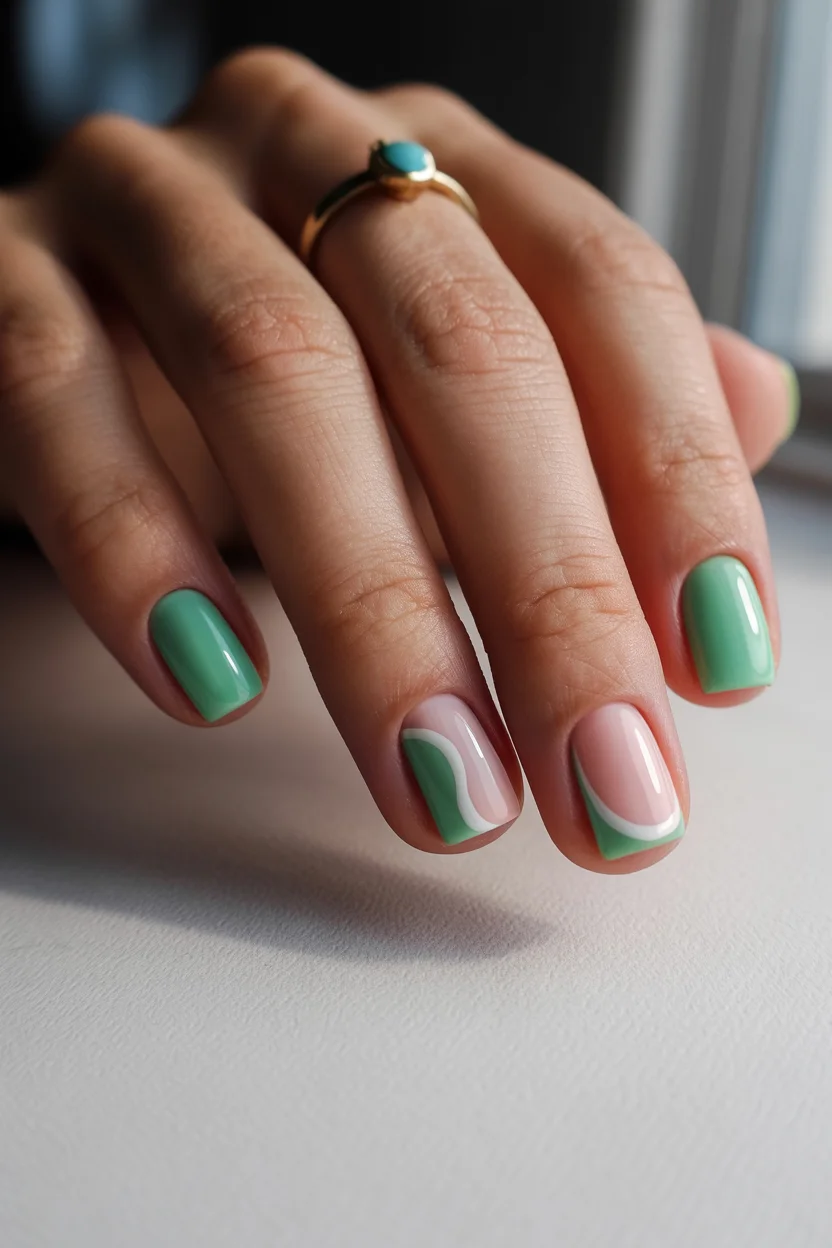 summer gel nails short simple 2026 Mint Green Waves for a Clean Modern Look