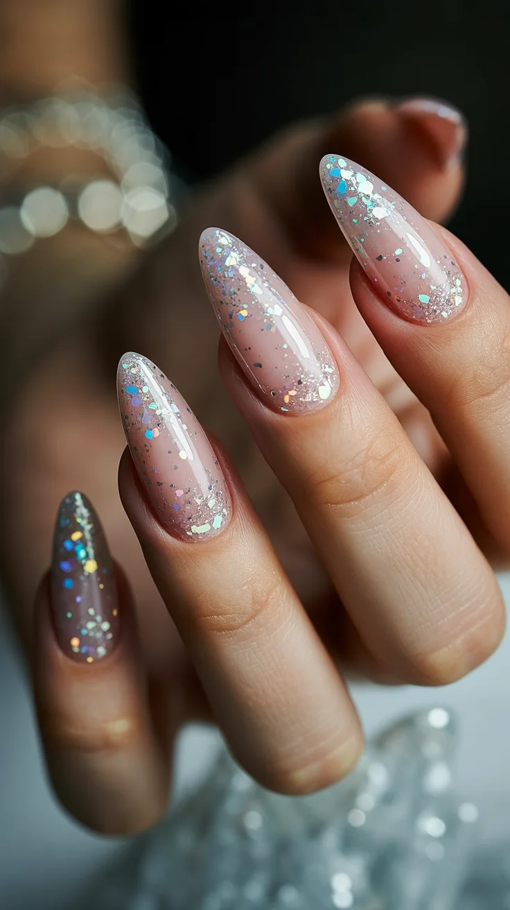 summer glitter nails 2026 Champagne Glitter Gradient for Elegant Summer Evenings