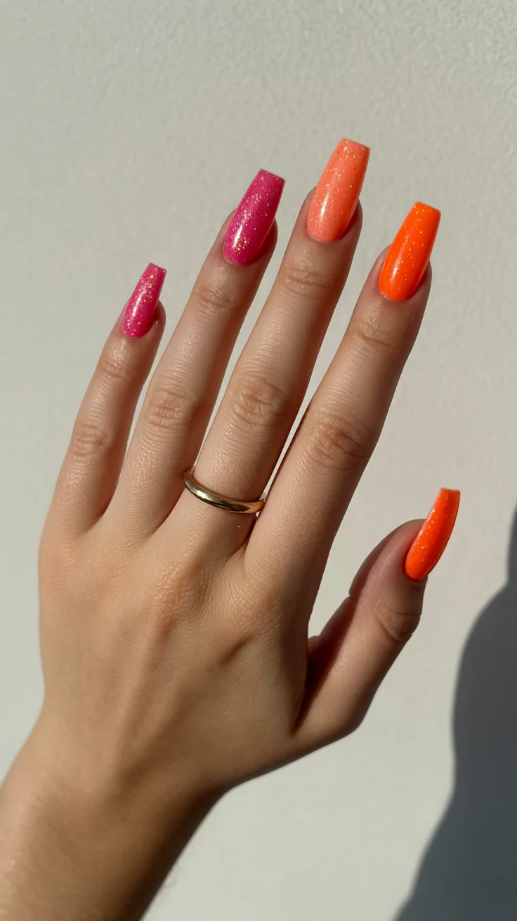 summer glitter nails 2026 Sunset Neon Ombre with a Hint of Sparkle