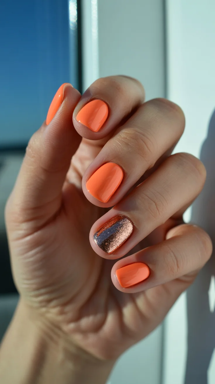 summer glitter nails 2026 Neon Coral and Copper Glitter for Sunny-Day Energy