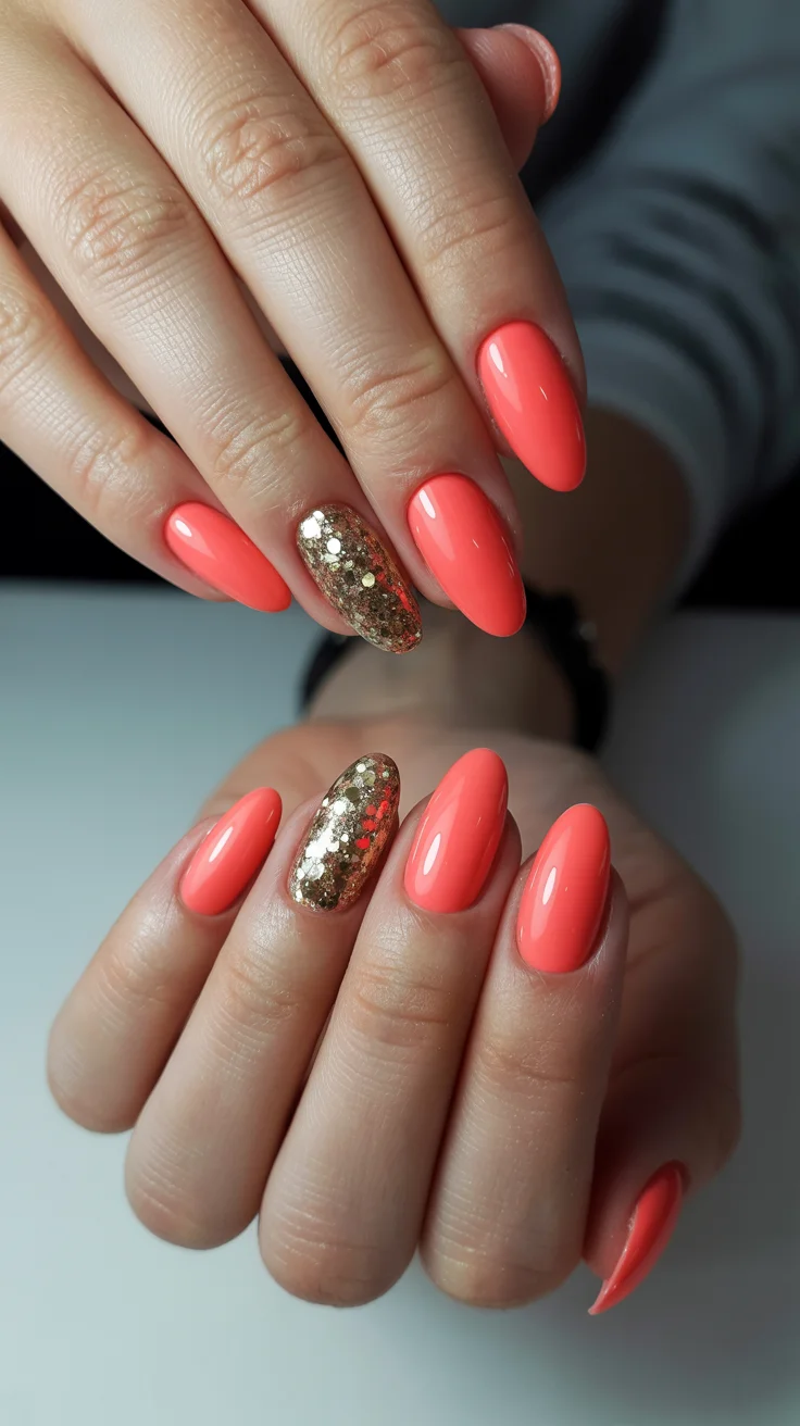 summer glitter nails 2026 Coral and Gold Sparkle for Peak Vacation Energy
