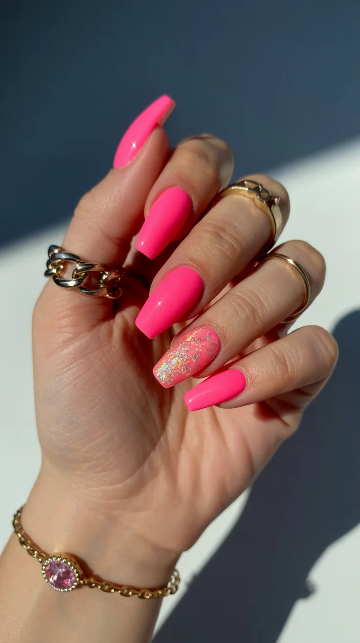 summer glitter nails 2026 Neon Pink Glitter Nails That Steal the Spotlight