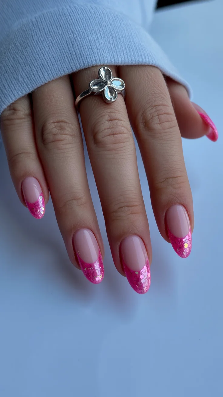 summer glitter nails 2026 Pink Glitter French Tips with a Playful Summer Twist