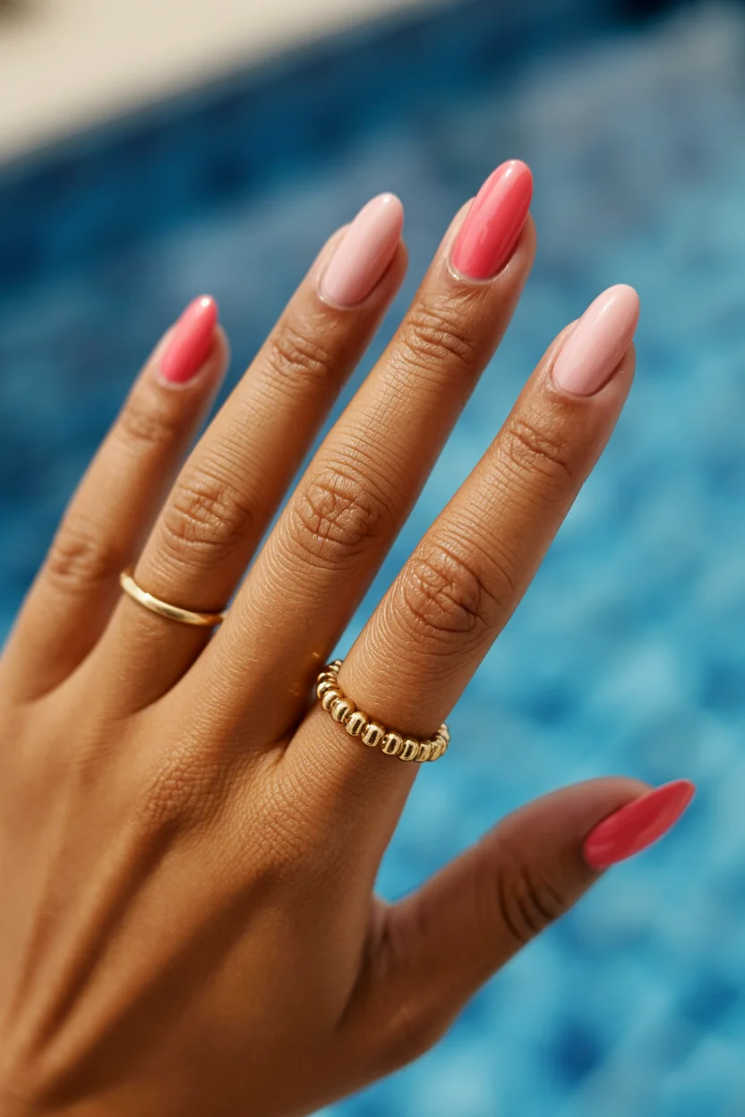 summer manicure color ideas 2026 Glossy Watermelon Pink Nails Made for Pool Days and Golden Hour