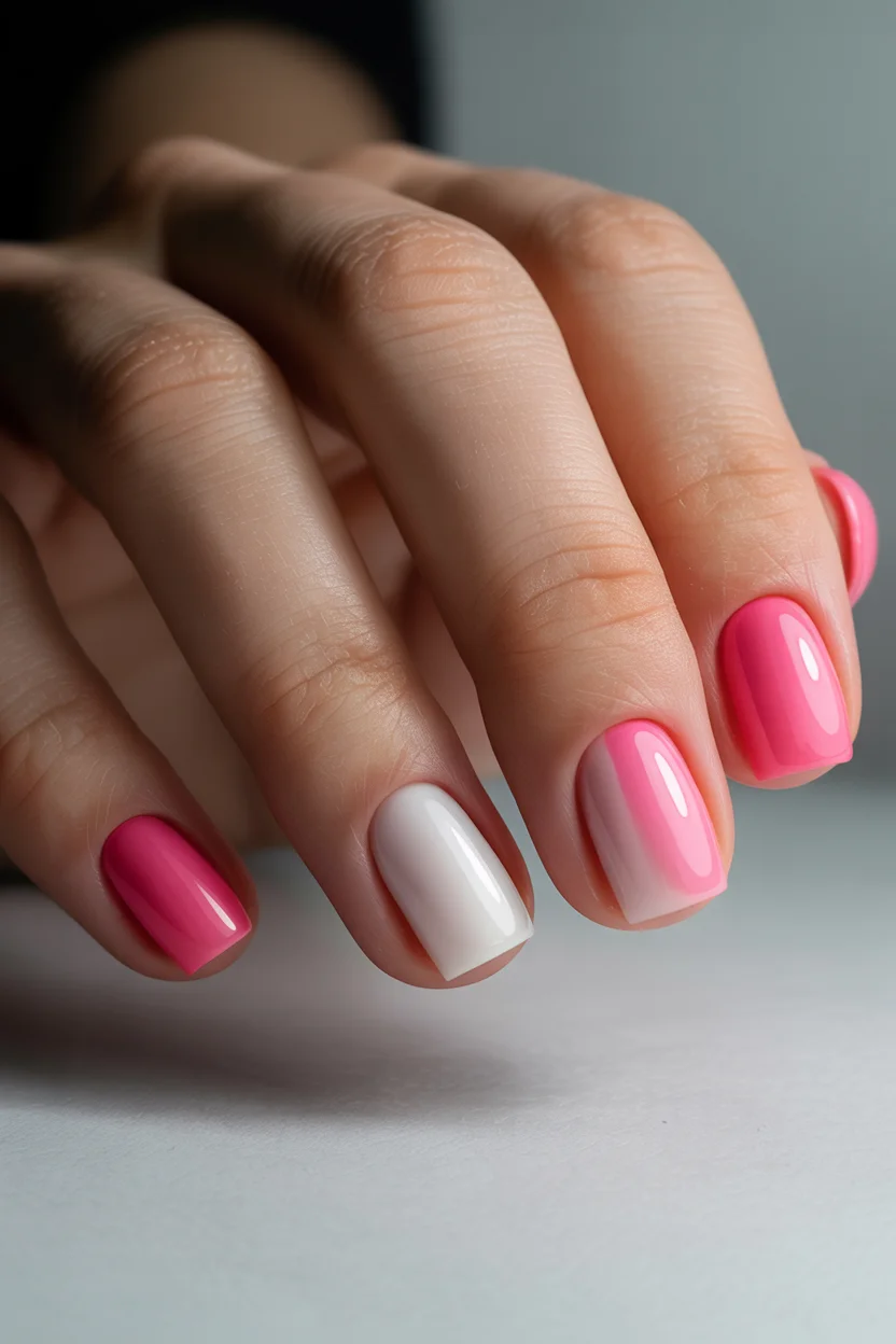summer manicure color ideas 2026 Hot Pink and White Minimal Nails With a Clean Modern Twist