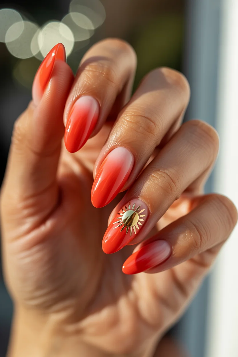 summer manicure color ideas 2026 Coral Aura Nails With Gold Details That Catch Every Bit of Sunlight