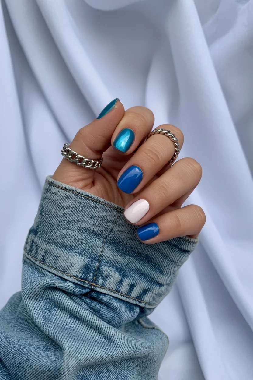 summer manicure color ideas 2026 Ocean Blue Color-Block Nails That Feel Crisp in Summer Light
