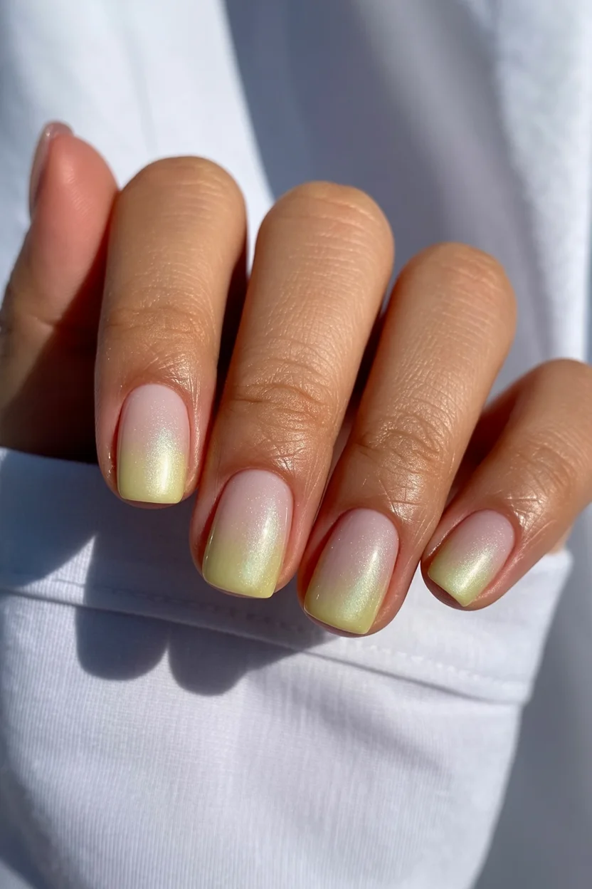 summer manicure color ideas 2026 Pearlescent Lemonade Nails With a Barely-There Glow