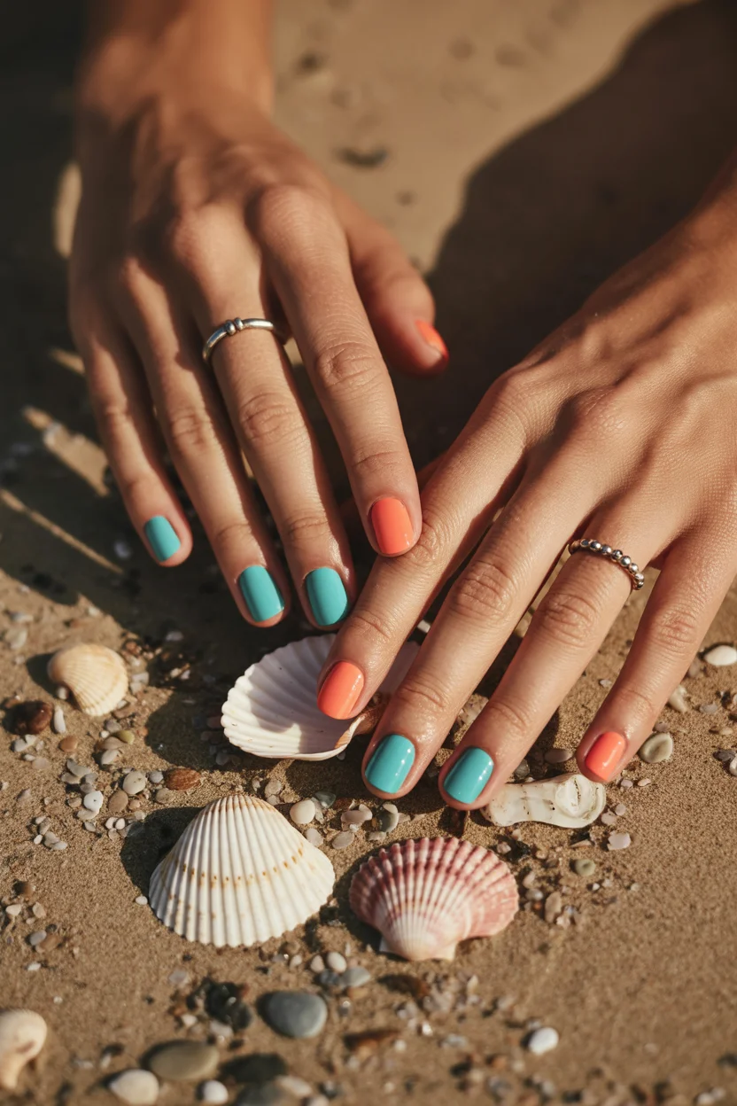 summer manicure color ideas 2026 Turquoise and Coral Beach Nails Inspired by Vintage Summer Postcards