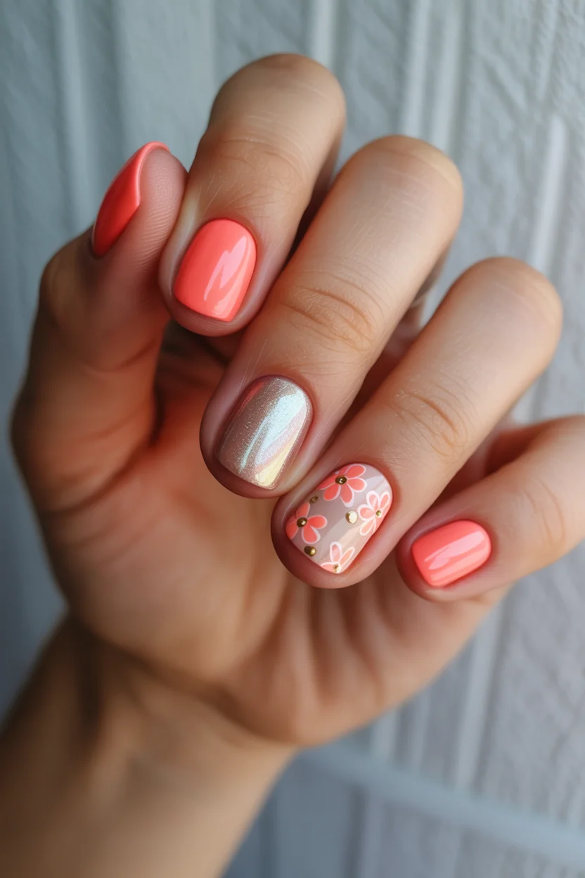 summer manicure color ideas 2026 Glossy Coral Florals Bringing Back Soft Feminine Summer Nails