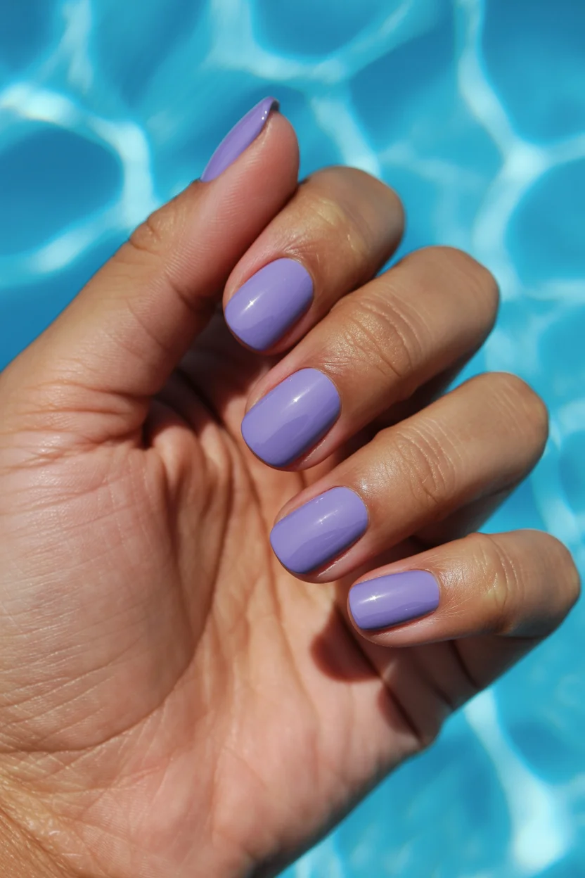 summer manicure color ideas 2026 Lavender Poolside Nails With a Soft Retro Energy