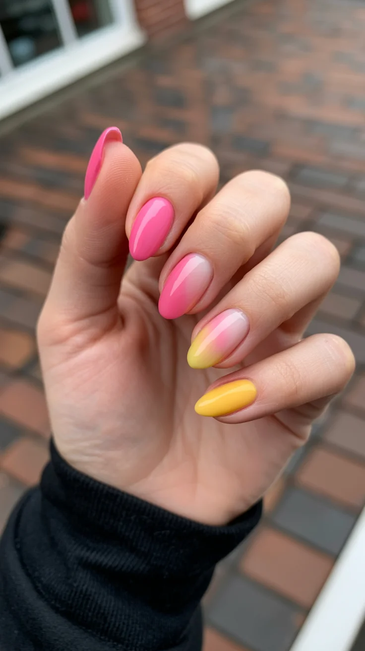 summer nail art 2026 Pink and Yellow Sunset Ombre Nails