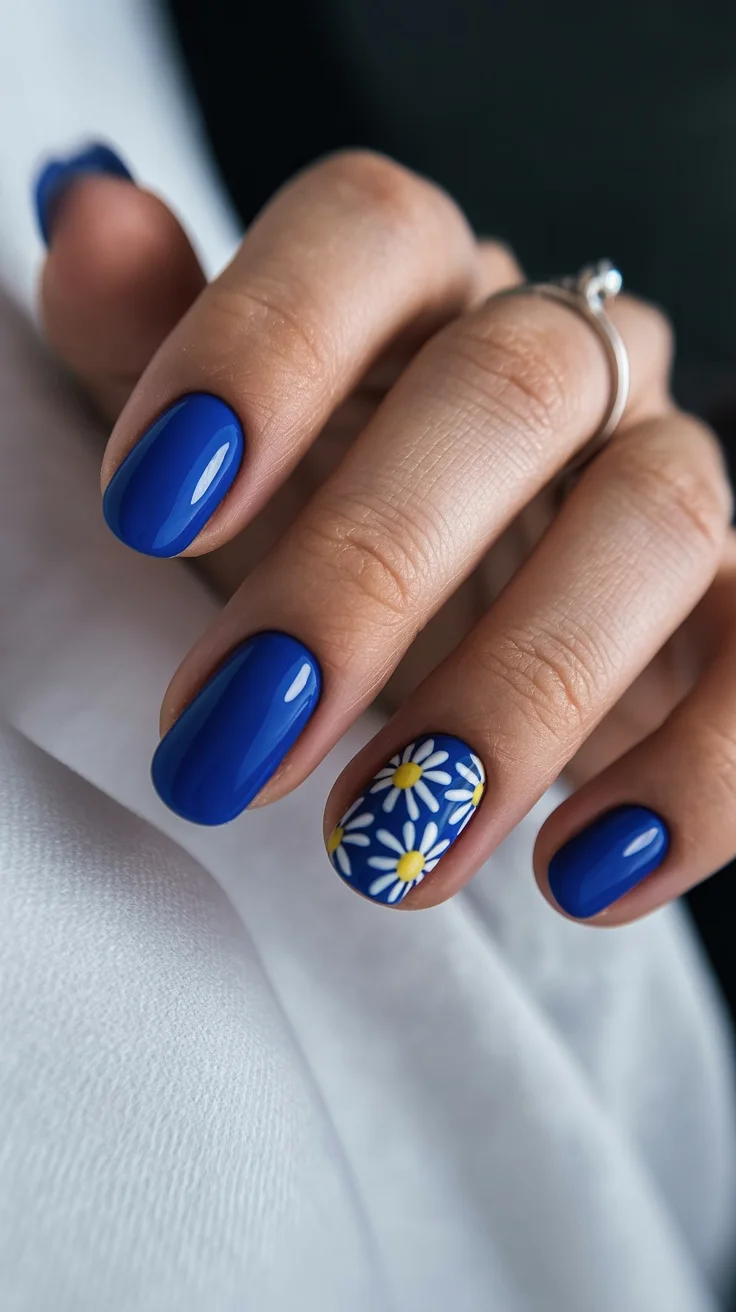 summer nail art 2026 Royal Blue Daisy Nails With a Retro Summer Mood