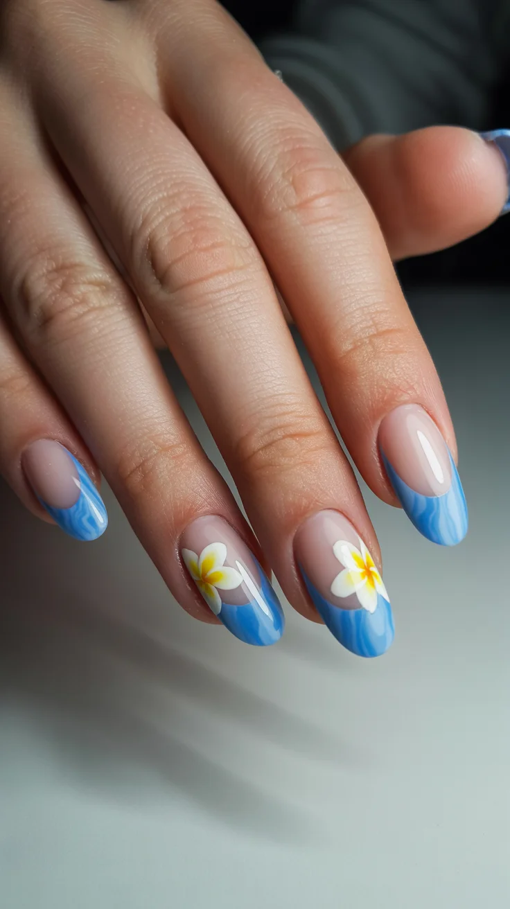 summer nail art 2026 Ocean Wave French Tips With Tropical Flowers