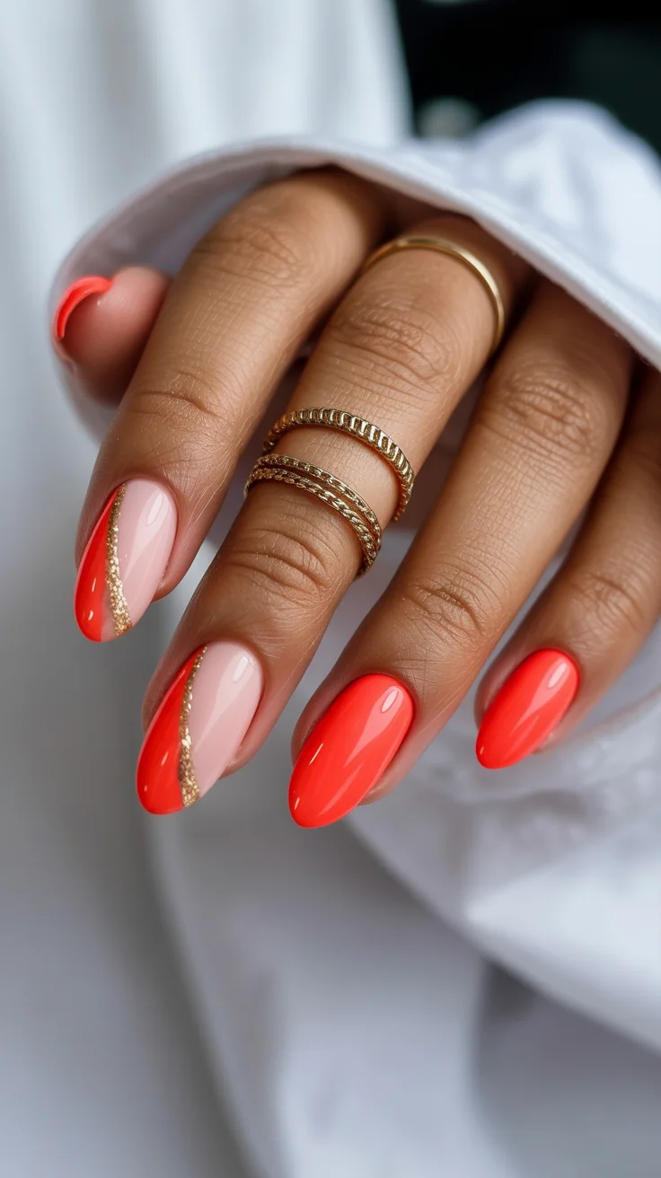 summer nail art 2026 Neon Coral Nails With Delicate Gold Details