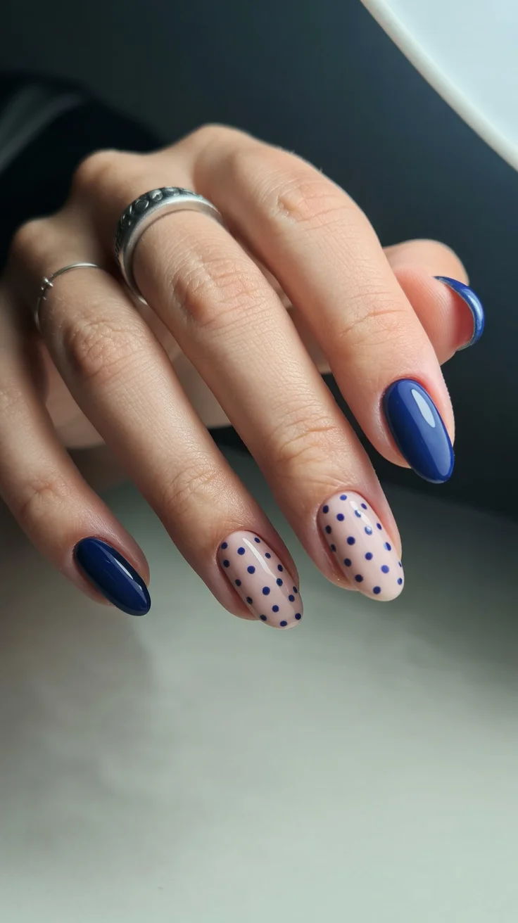 summer nail art 2026 Midnight Blue Polka Dot Nails With a Vintage Twist