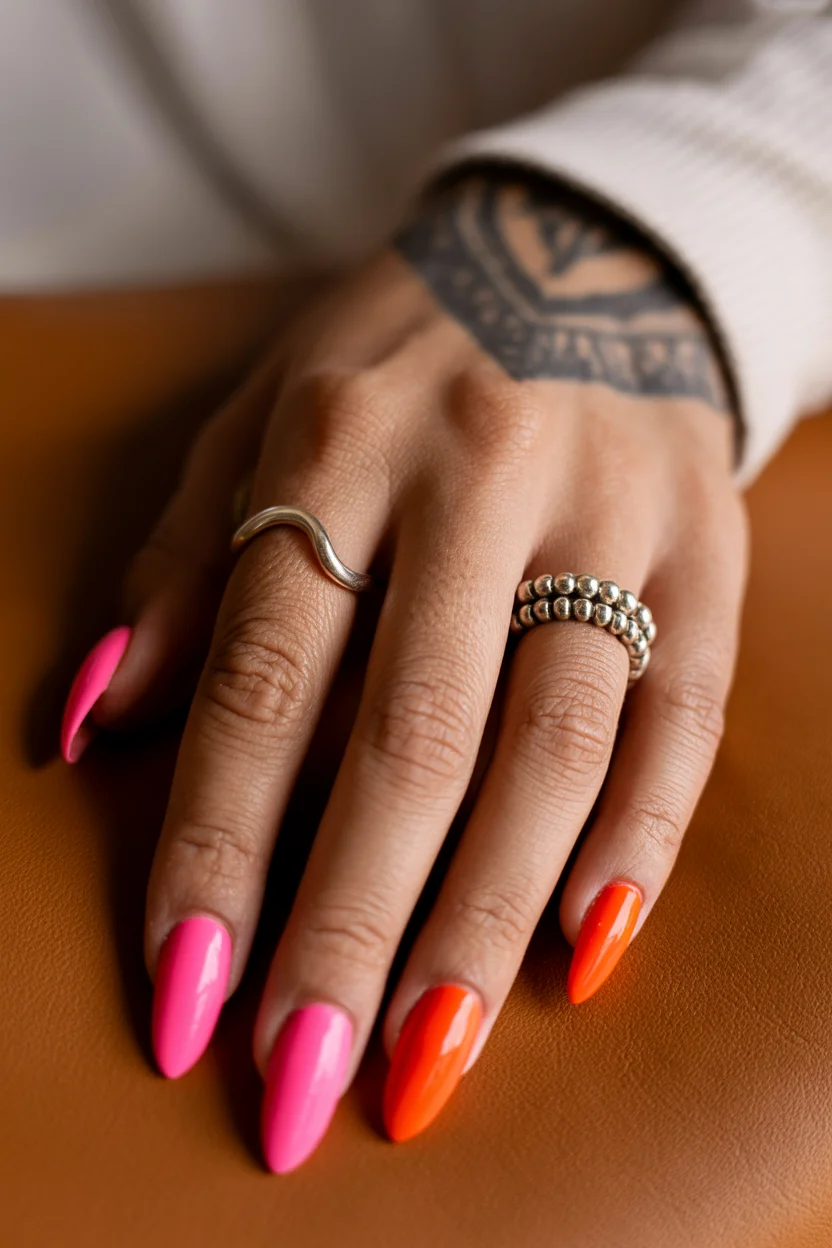 summer nail colors 2026 Hot Pink and Neon Orange Nails for a Tropical Summer Mood