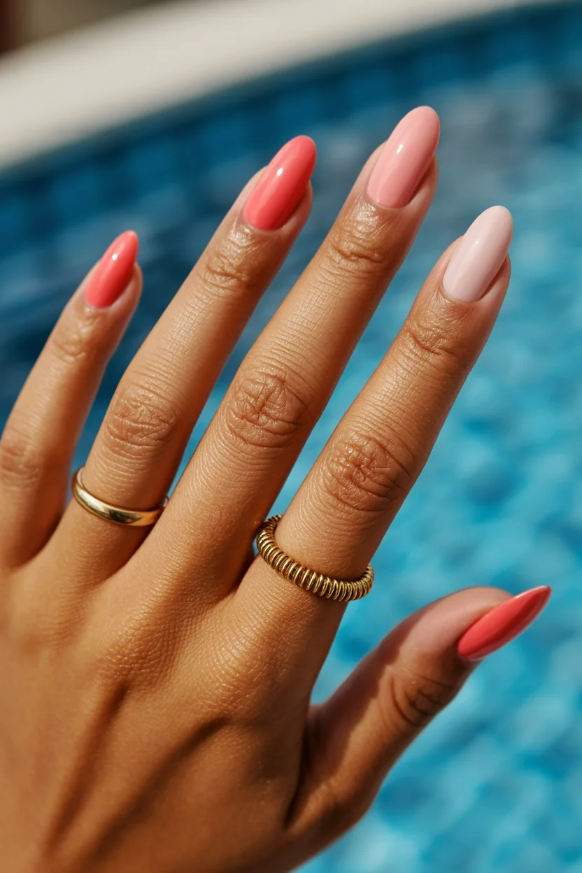 summer nail colors 2026 Coral Ombre Nails Inspired by Poolside Sunsets